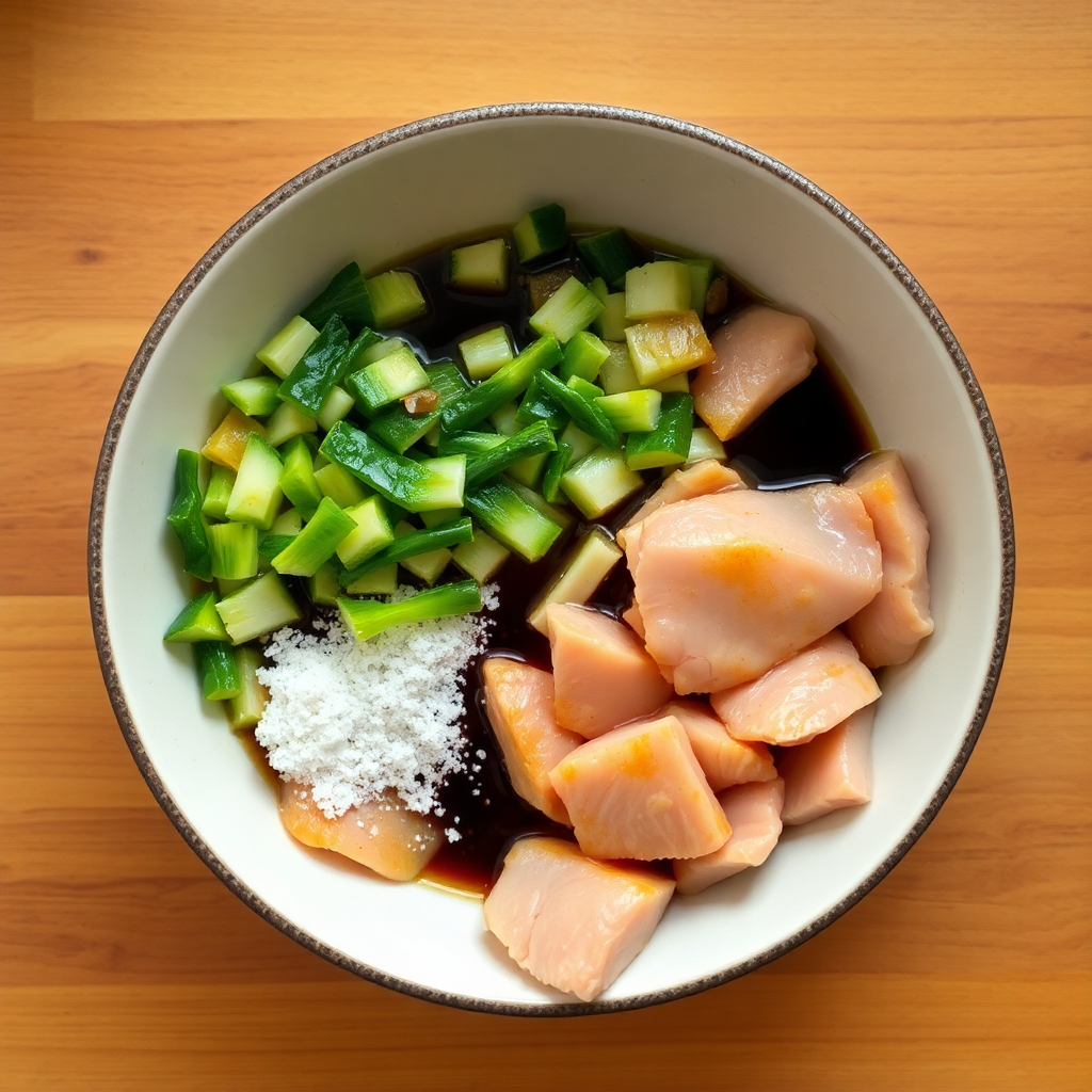 Sliced chicken and chopped vegetables on a cutting board