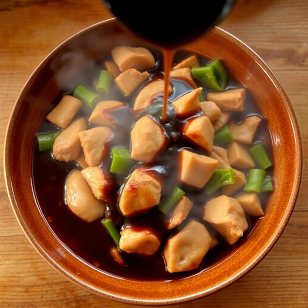 Stir fry sauce being poured into the wok