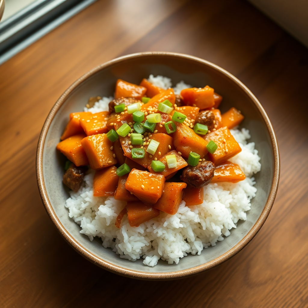 Finished stir fry plated with rice