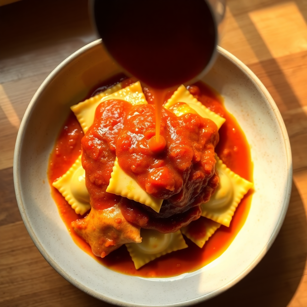 Pasta being tossed in the garlic tomato sauce