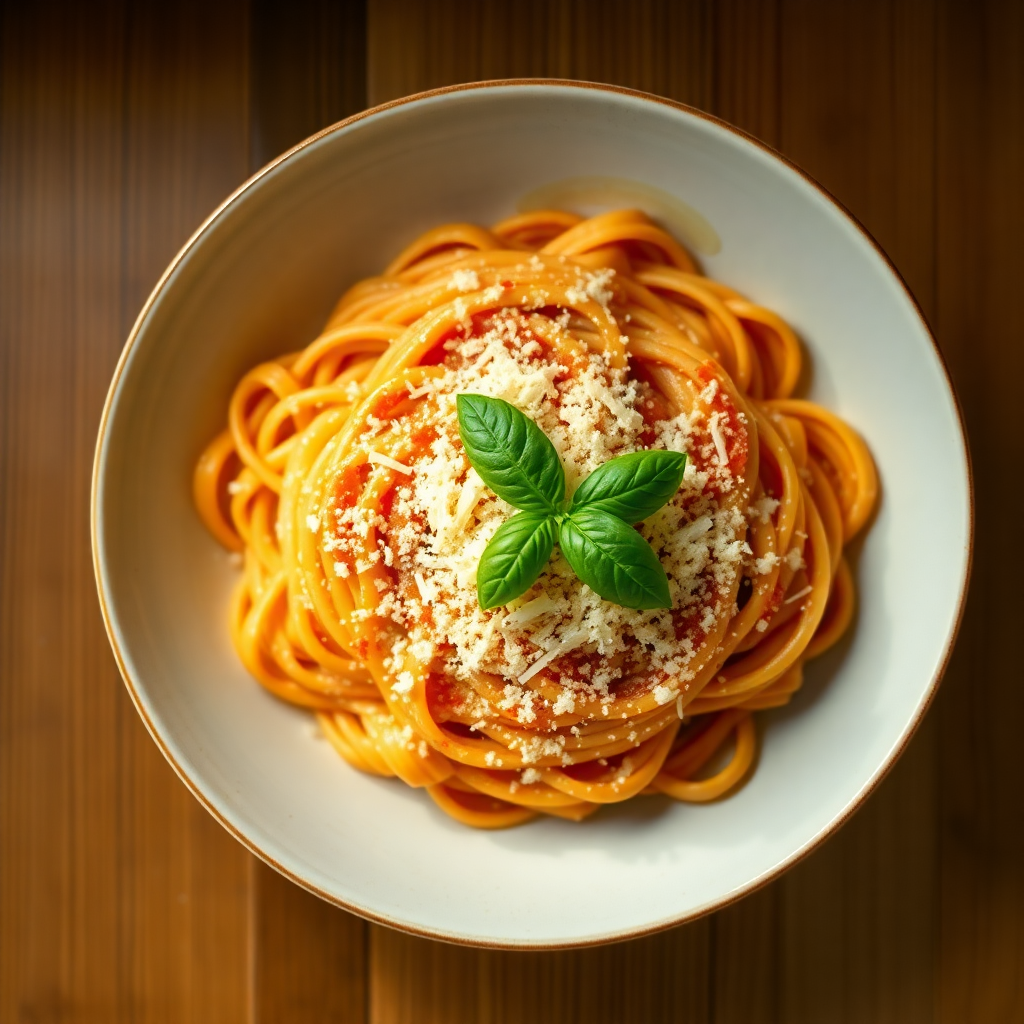 Plated pasta with Parmesan and basil
