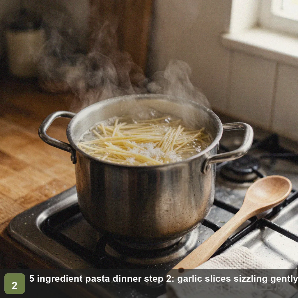 5 ingredient pasta dinner step 2: garlic slices sizzling gently in olive oil over low heat