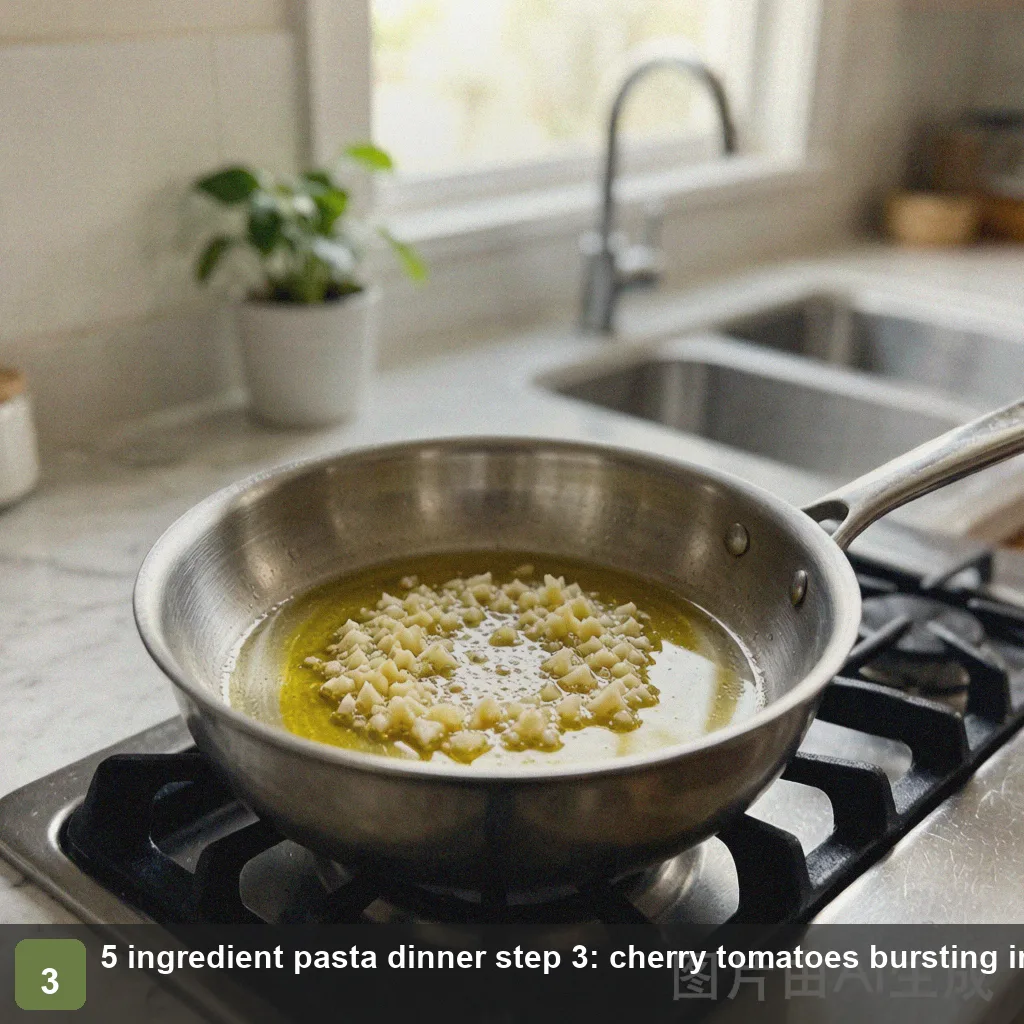 5 ingredient pasta dinner step 3: cherry tomatoes bursting into a light sauce in the pan