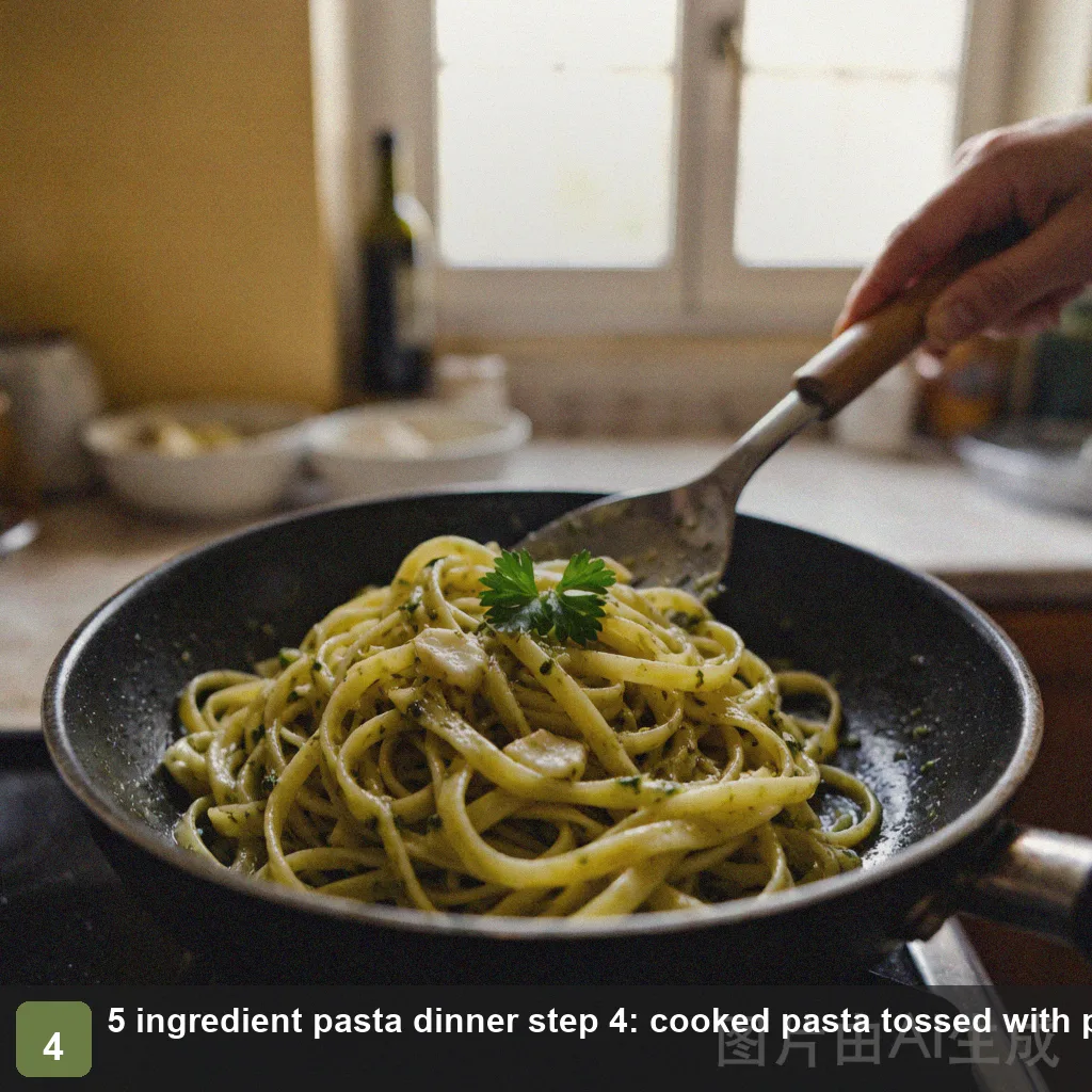 5 ingredient pasta dinner step 4: cooked pasta tossed with parmesan until glossy and coated