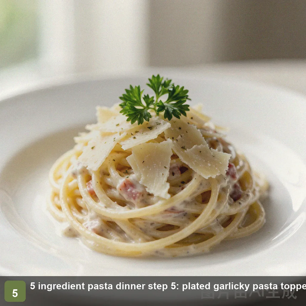 5 ingredient pasta dinner step 5: plated garlicky pasta topped with basil, ready to serve