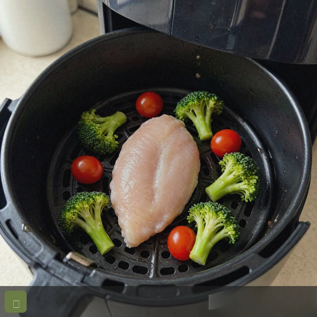Air fryer 15 minute dinner step 4: chicken and veggies in air fryer basket