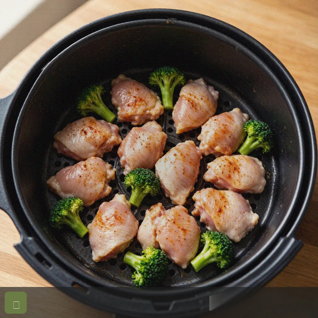 Air fryer 5 ingredient recipes step 4: chicken and broccoli in basket