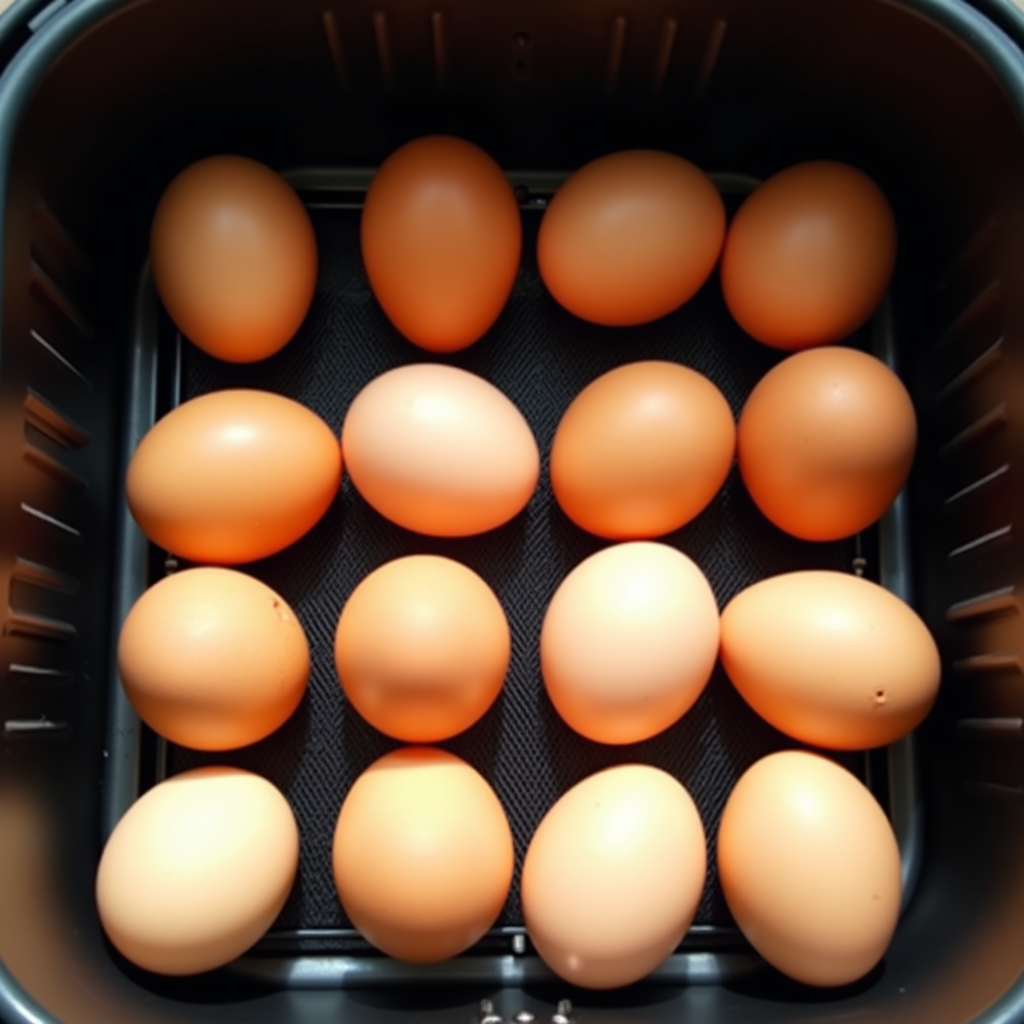 Air fryer boiled eggs step 1: empty air fryer basket preheating to 275°F Air fryer basket preheating