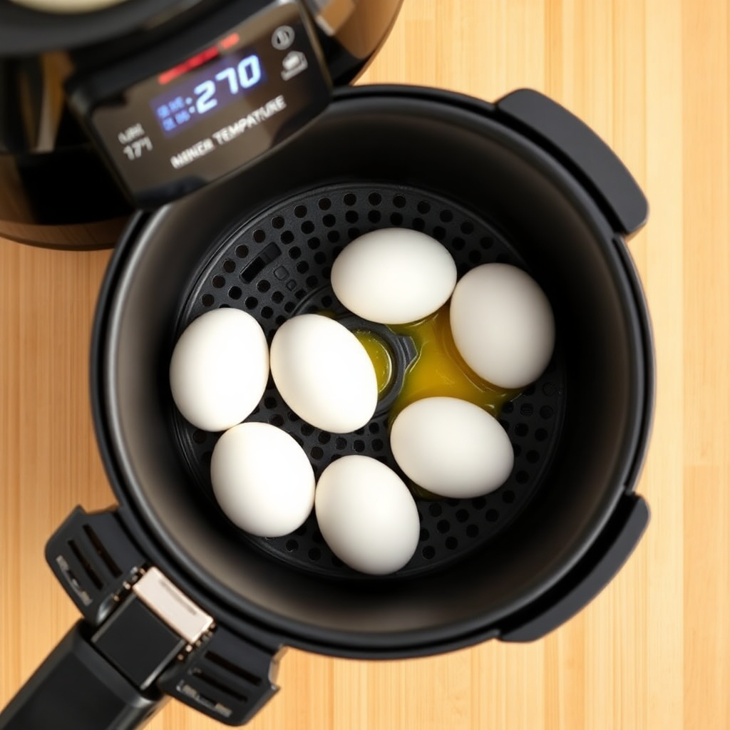Air fryer boiled eggs step 2: raw eggs placed in air fryer basket in single layer, not touching Eggs arranged in air fryer basket