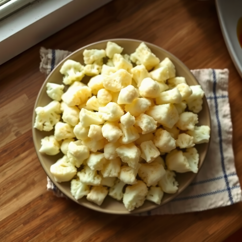 Raw cauliflower florets on cutting board