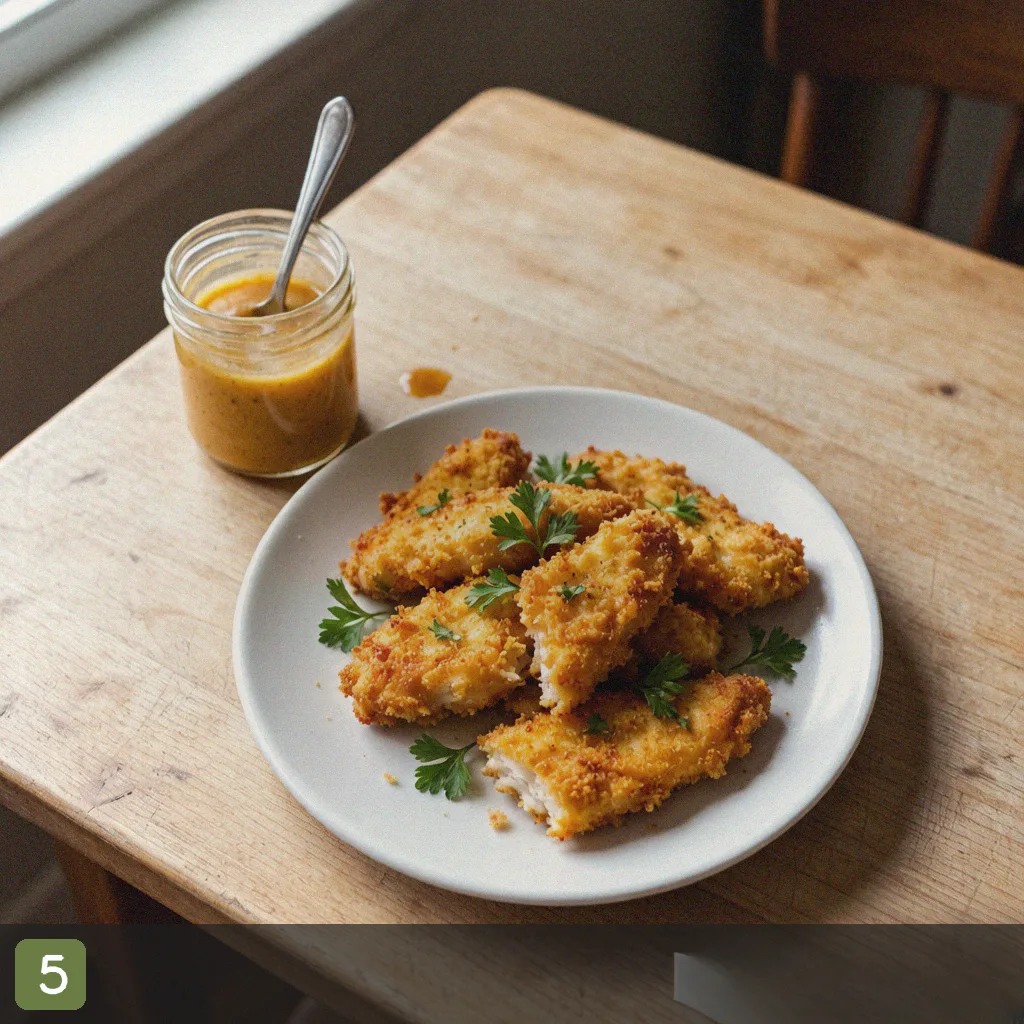 Air fryer chicken tenders step 5: plated tenders with dip