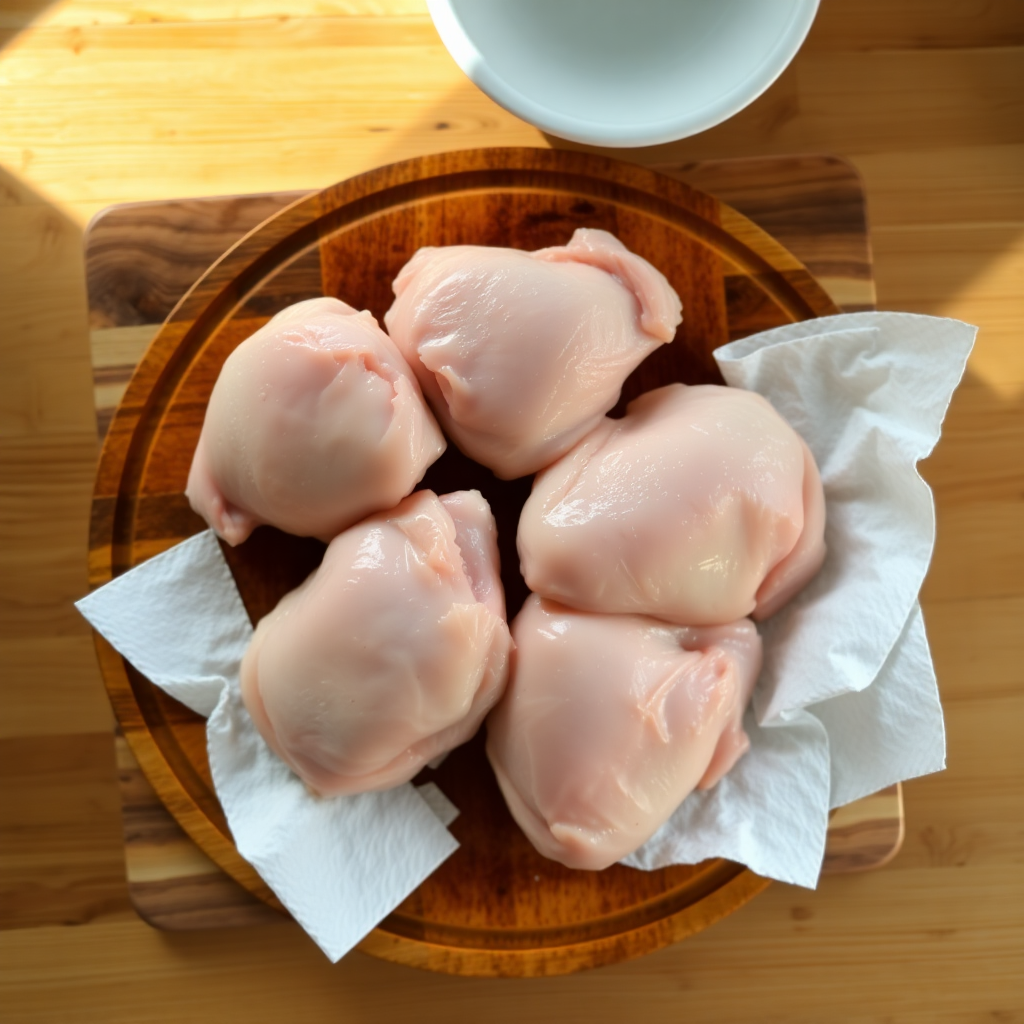 Air fryer chicken thighs step 1: raw chicken thighs patted dry and seasoned with spice rub on a cutting board Seasoned chicken thighs on cutting board
