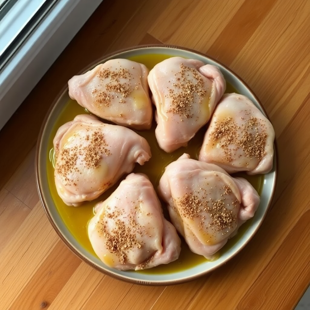 Air fryer chicken thighs step 3: air fryer at 400F cooking chicken thighs, skin turning golden through the basket view Chicken cooking in air fryer