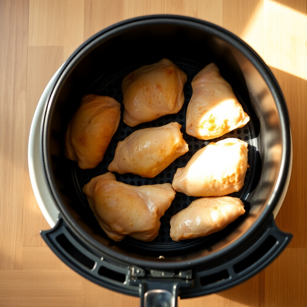 Air fryer chicken thighs step 4: chicken thighs flipped skin-side down in basket, skin crisping and golden Flipped chicken thighs