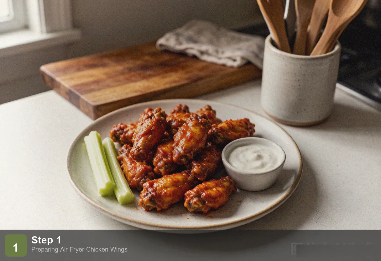 Air fryer chicken wings step 1: raw chicken wings being patted dry with paper towels on a cutting board Air fryer chicken wings step 1: raw chicken wings being patted dry with paper towels on a cutting board