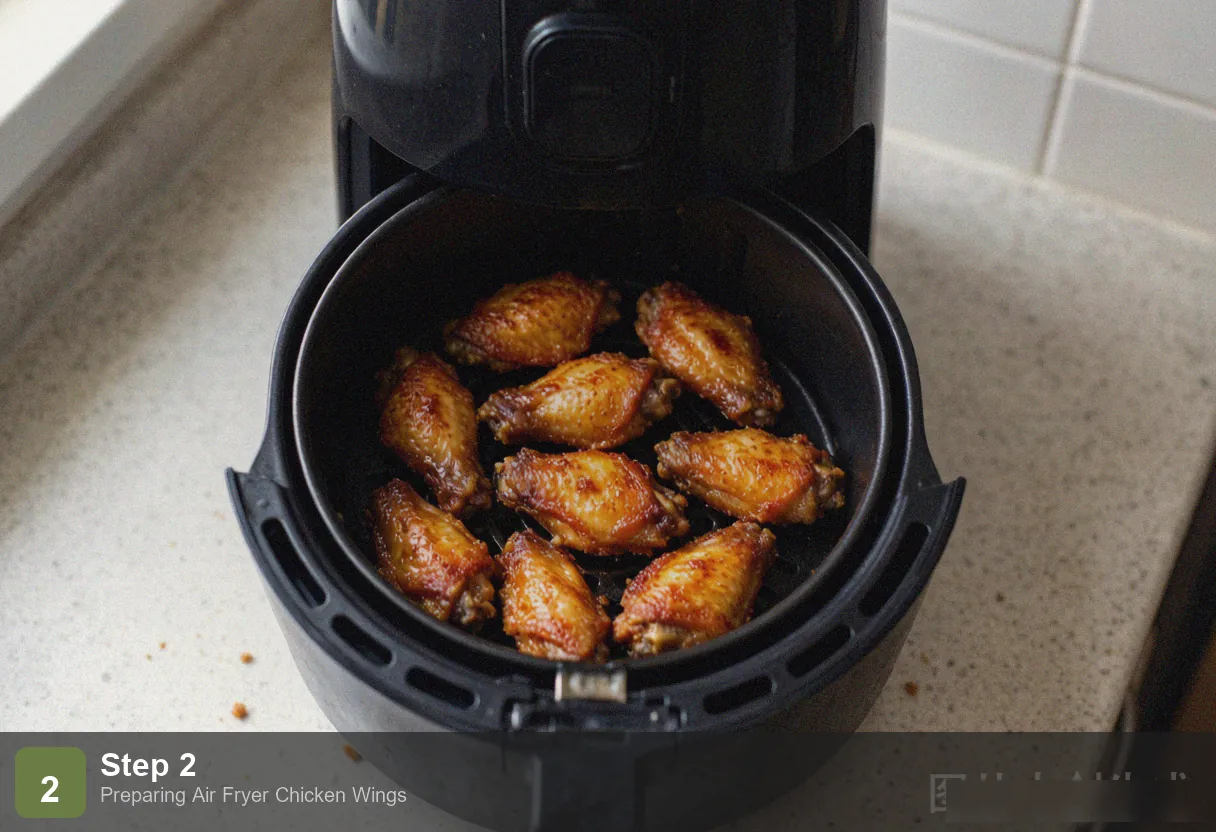 Air fryer chicken wings step 2: seasoned raw chicken wings in a glass bowl, spices evenly coated Air fryer chicken wings step 2: seasoned raw chicken wings in a glass bowl, spices evenly coated