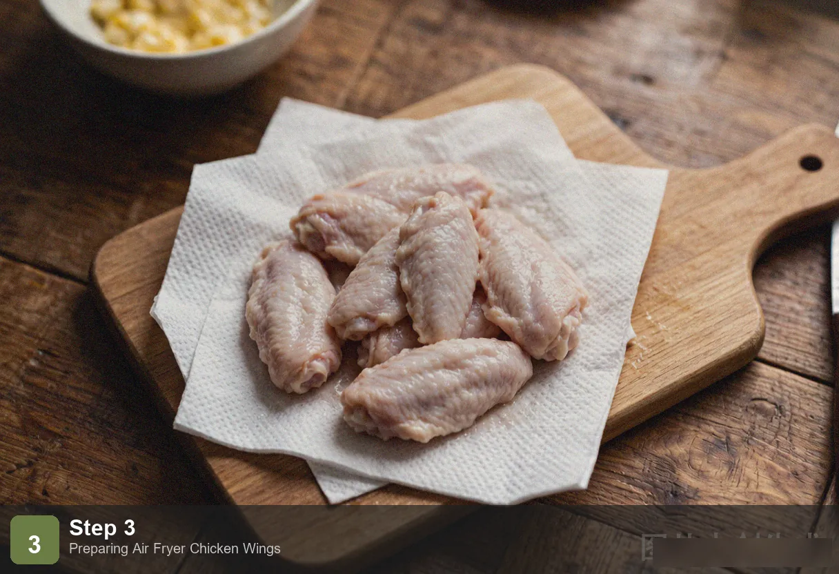Air fryer chicken wings step 3: seasoned chicken wings arranged in a single layer in the air fryer basket Air fryer chicken wings step 3: seasoned chicken wings arranged in a single layer in the air fryer basket