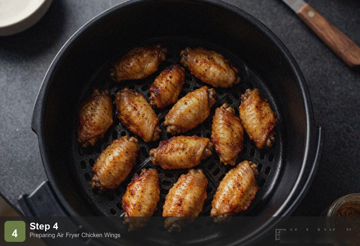 Air fryer chicken wings step 4: golden brown crispy chicken wings cooking in the air fryer basket, halfway through Air fryer chicken wings step 4: golden brown crispy chicken wings cooking in the air fryer basket, halfway through