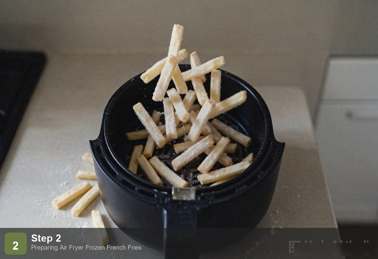 Air fryer frozen french fries step 2: partially cooked fries in the air fryer basket, starting to thaw and turn light golden Air fryer frozen french fries step 2: partially cooked fries in the air fryer basket, starting to thaw and turn light golden