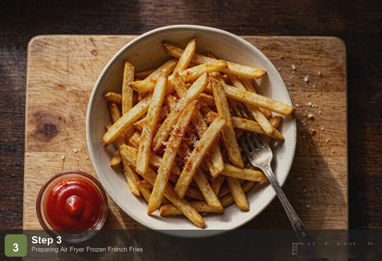 Air fryer frozen french fries step 3: hands shaking the air fryer basket to redistribute fries for even cooking Air fryer frozen french fries step 3: hands shaking the air fryer basket to redistribute fries for even cooking