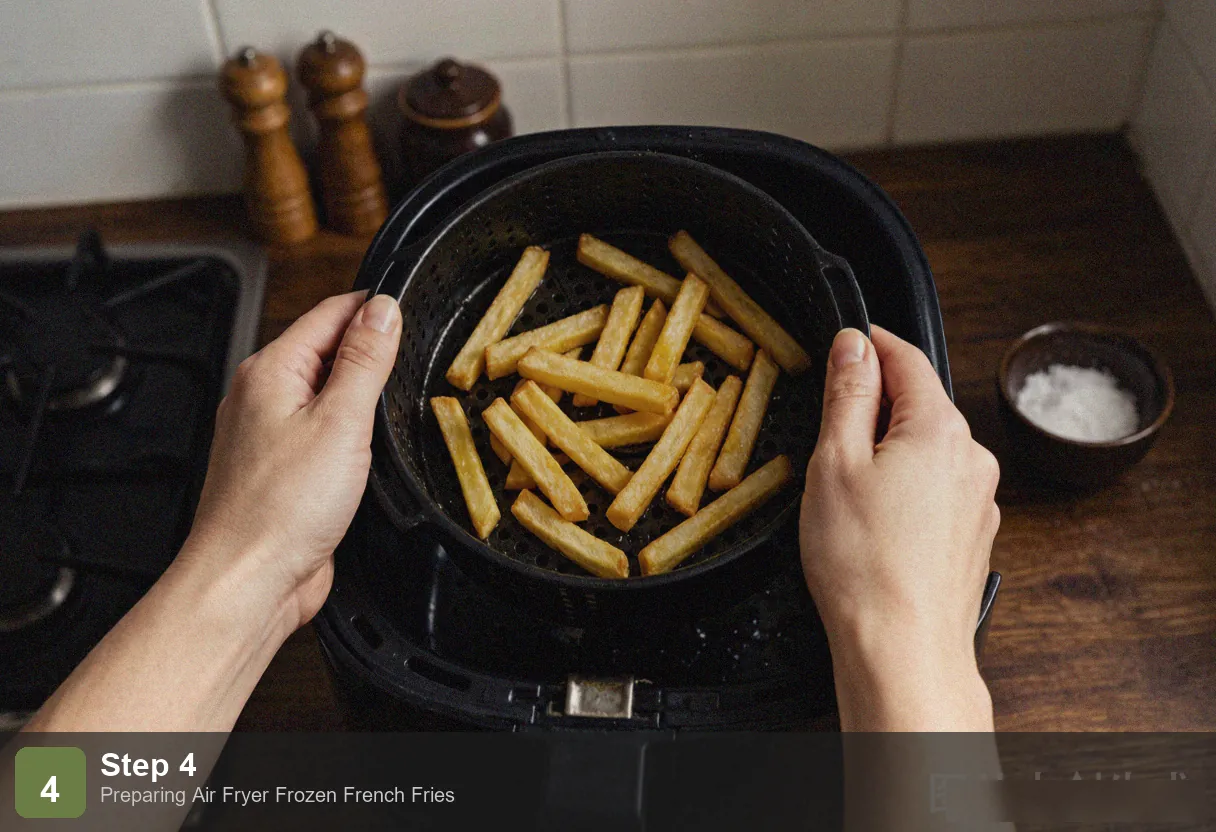 Air fryer frozen french fries step 4: deeply golden crispy french fries in the air fryer basket, just finished cooking Air fryer frozen french fries step 4: deeply golden crispy french fries in the air fryer basket, just finished cooking