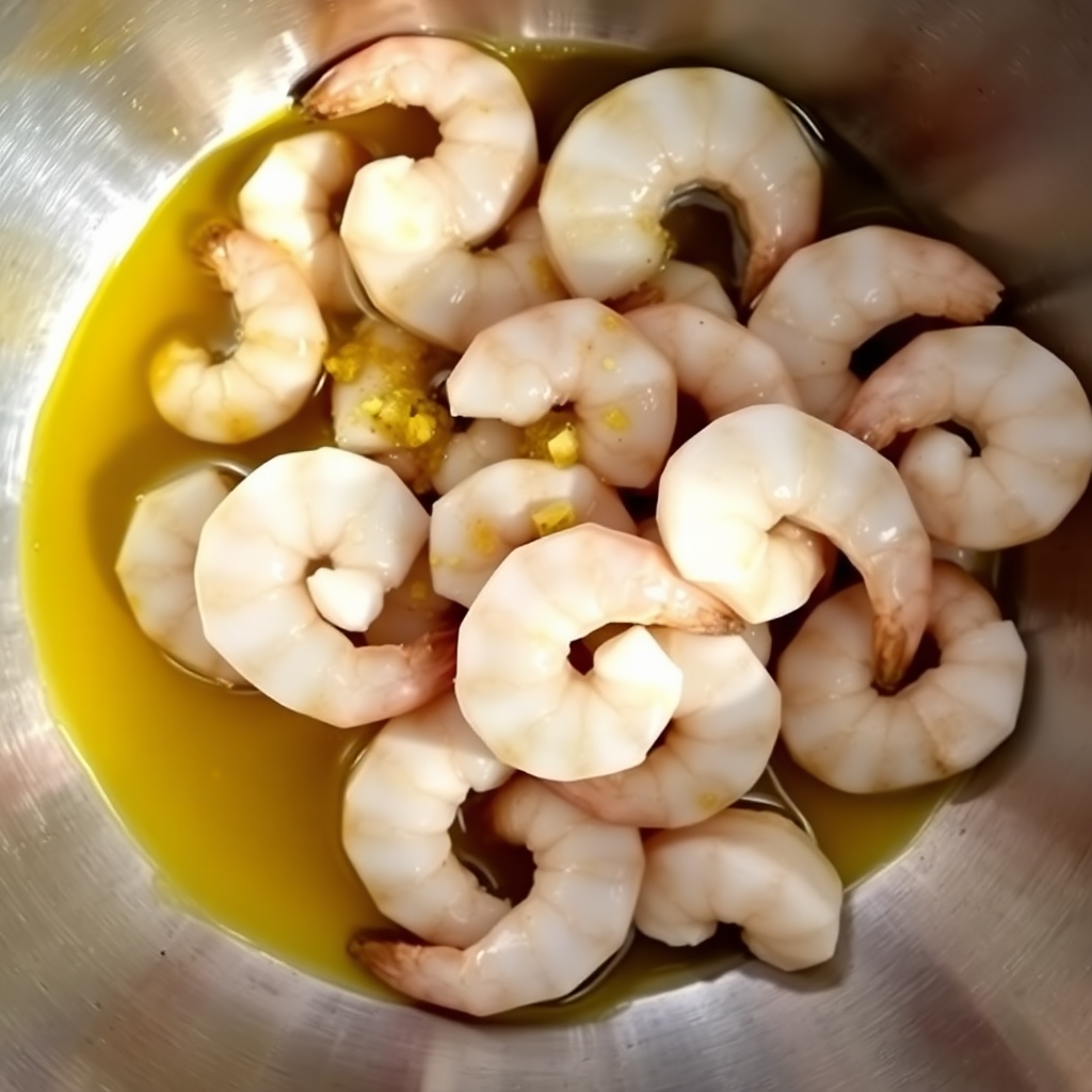 Air fryer frozen shrimp step 1: frozen shrimp poured from bag, ice crystals shaken off, still partially frozen Frozen shrimp in bowl