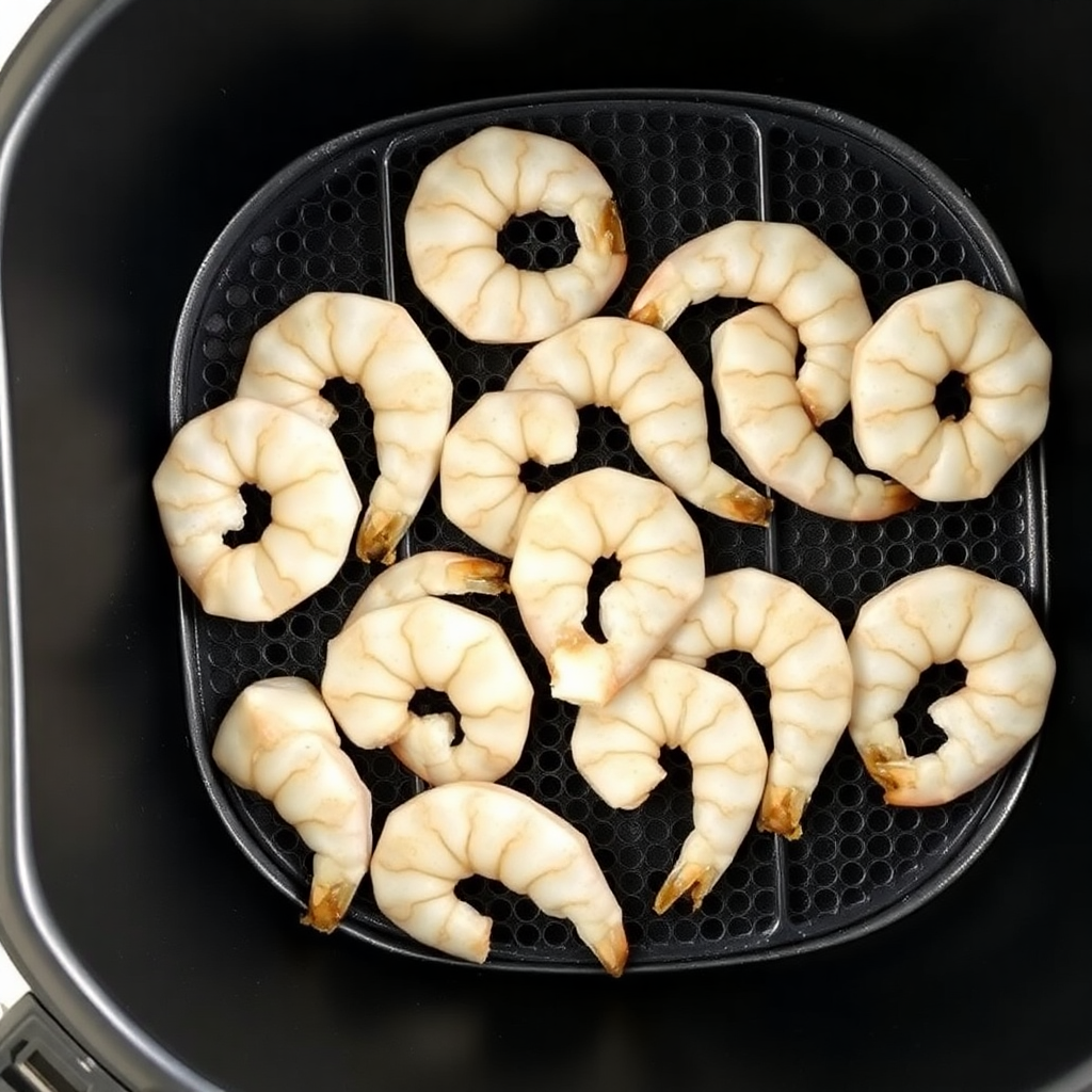 Air fryer frozen shrimp step 2: frozen shrimp coated with olive oil and seasonings in a mixing bowl Seasoned shrimp in bowl