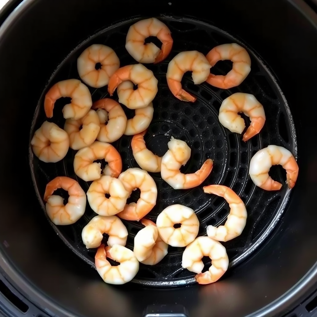 Air fryer frozen shrimp step 3: seasoned shrimp arranged in single layer in air fryer basket, not overlapping Shrimp in air fryer basket