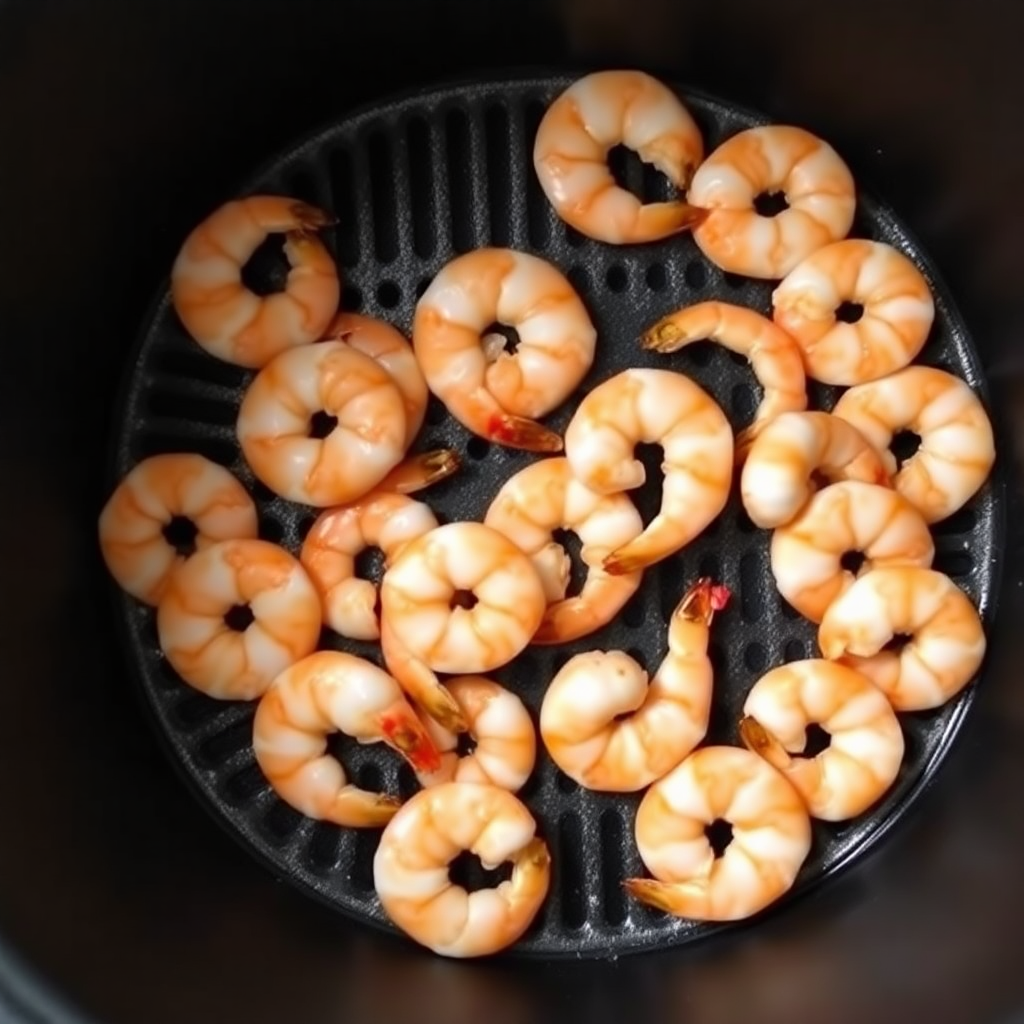 Air fryer frozen shrimp step 4: shrimp turning pink and golden in air fryer basket, cooking halfway through Shrimp cooking pink