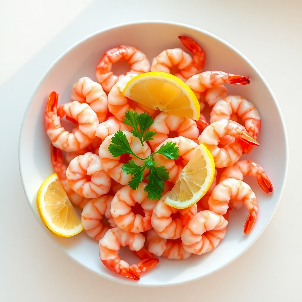 Air fryer frozen shrimp step 5: golden shrimp plated with lemon wedges and dipping sauce bowl Plated shrimp with lemon