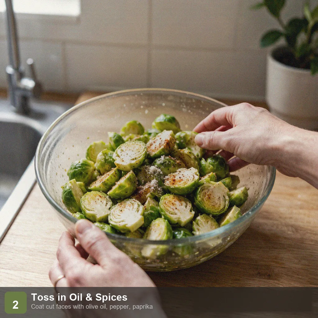 Air fryer low sodium brussels sprouts step 2: tossed in olive oil and spices, cut side coated