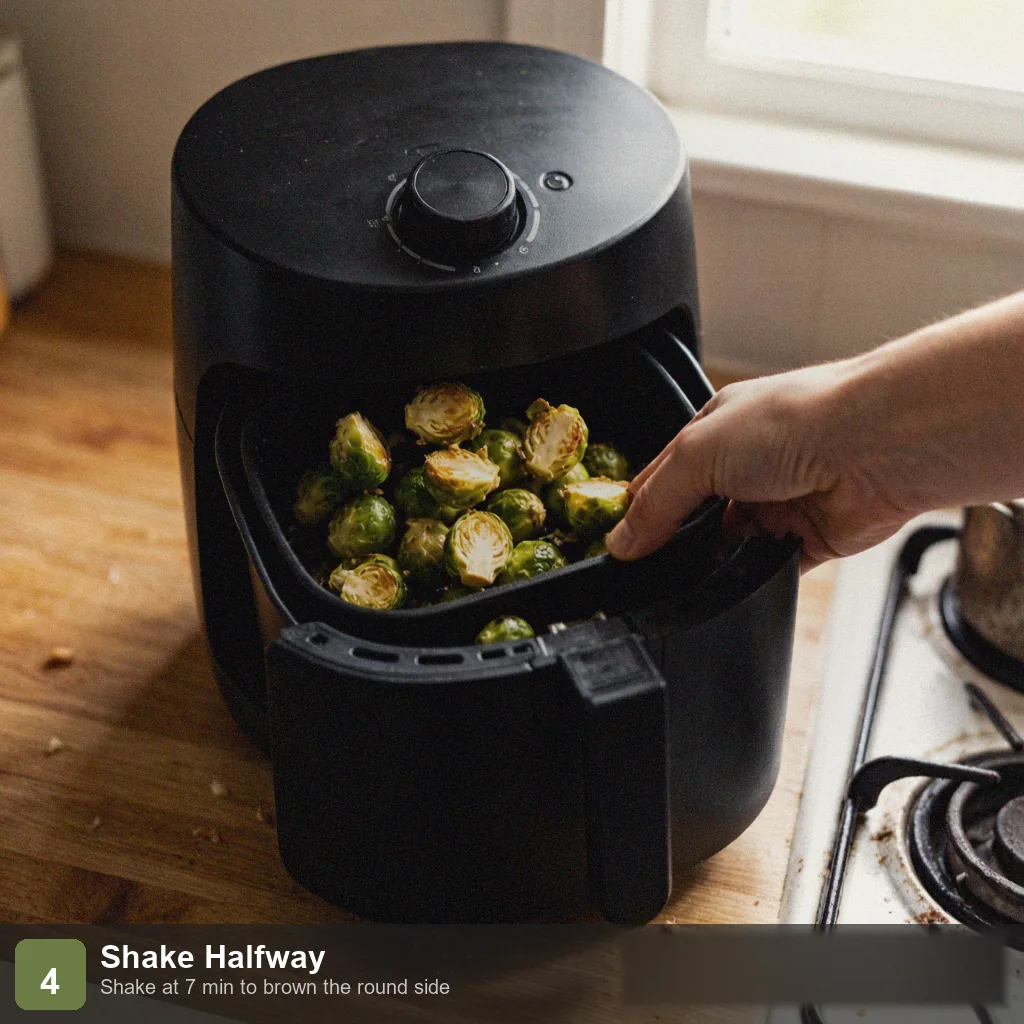 Air fryer low sodium brussels sprouts step 4: shaken at 7 minutes, edges browning