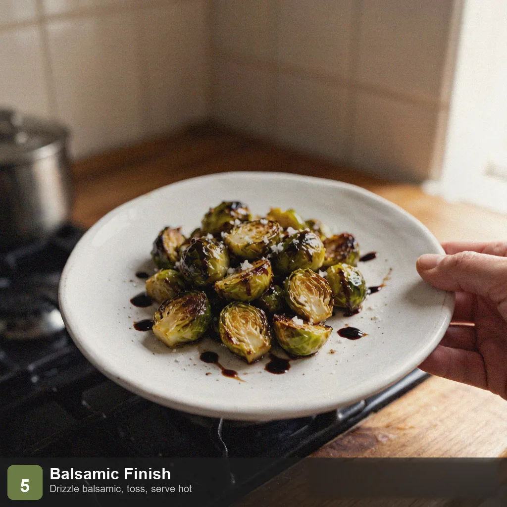 Air fryer low sodium brussels sprouts step 5: balsamic drizzled, plated, no salt