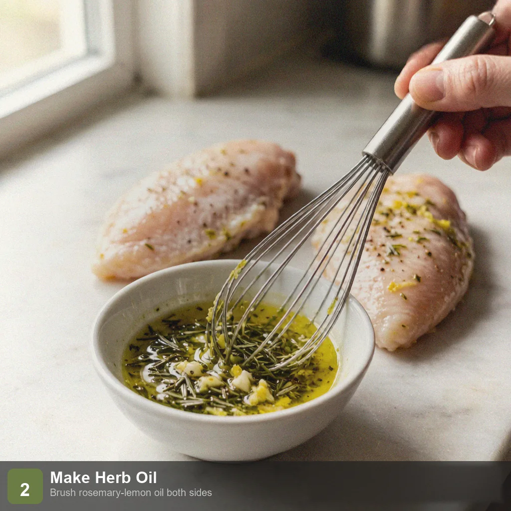 Air fryer low sodium chicken breast step 2: chicken brushed with olive oil herb mixture