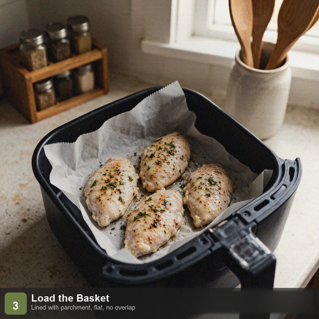Air fryer low sodium chicken breast step 3: chicken in air fryer basket, not overlapping