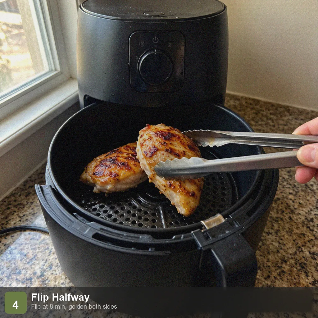 Air fryer low sodium chicken breast step 4: flipped at 8 minutes, golden both sides