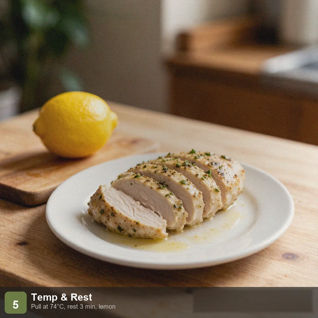 Air fryer low sodium chicken breast step 5: rested and sliced, lemon juice squeezed, no salt