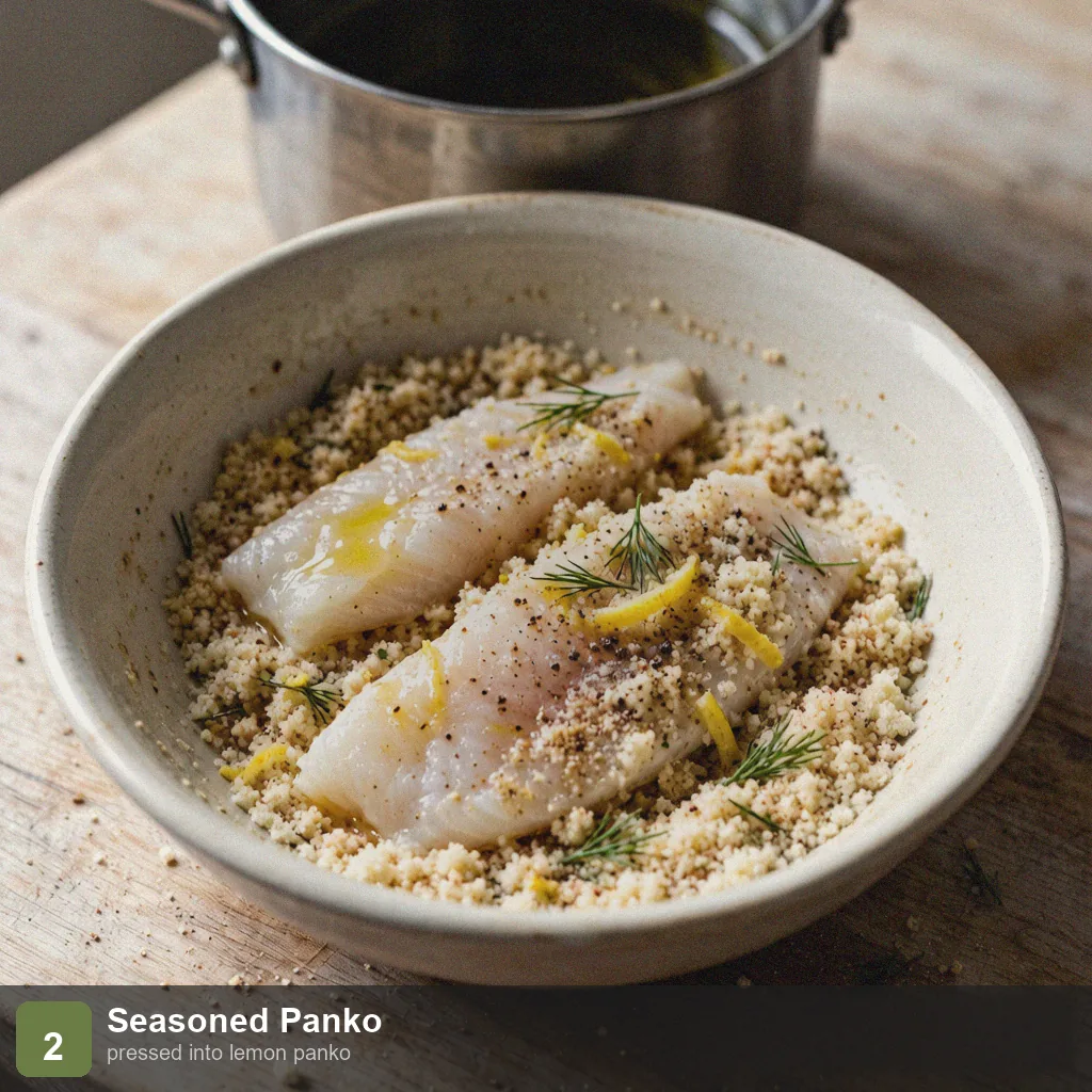 Air fryer low sodium cod step 2: fillets pressed into seasoned panko