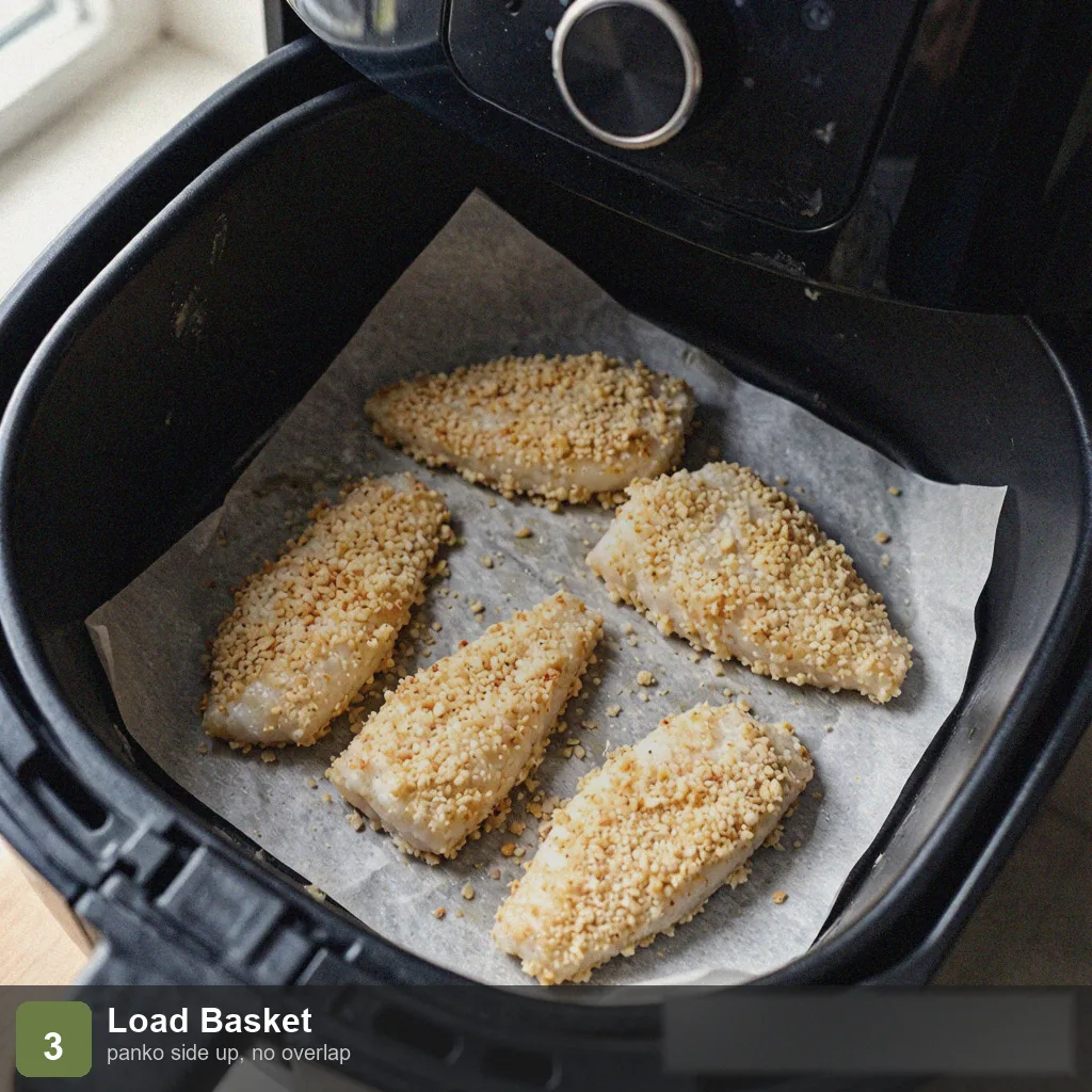 Air fryer low sodium cod step 3: panko side up in air fryer, no overlap