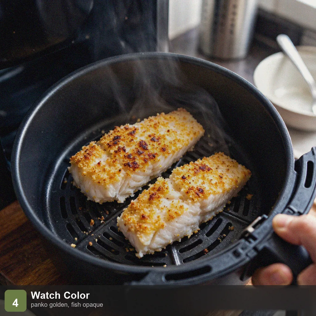 Air fryer low sodium cod step 4: panko golden, fish opaque