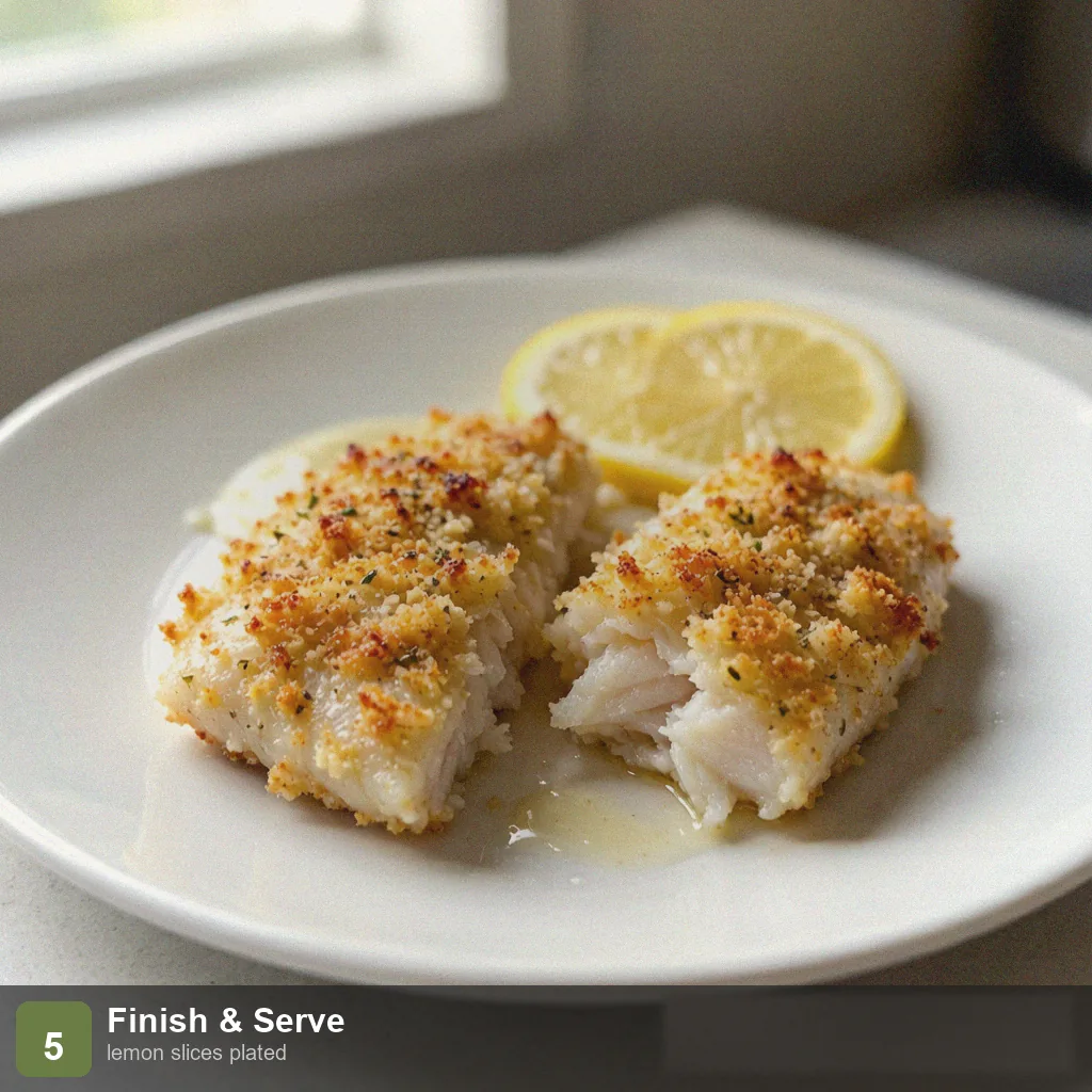Air fryer low sodium cod step 5: plated with lemon, flaky, no salt