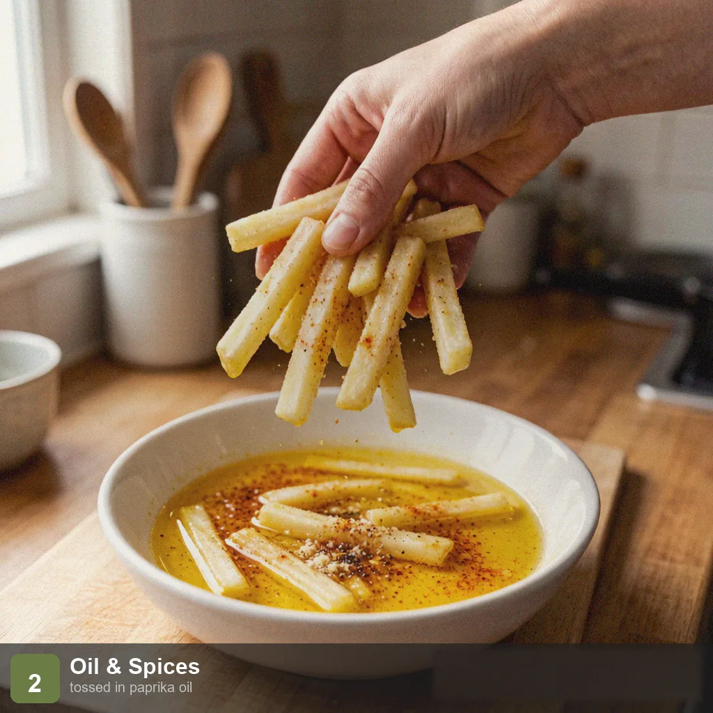 Air fryer low sodium fries step 2: potato sticks tossed in olive oil and paprika