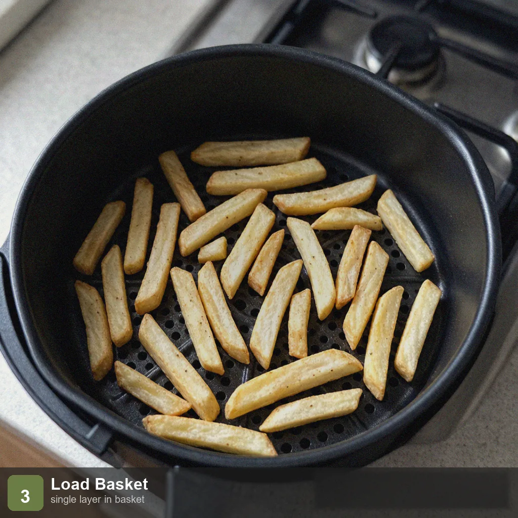Air fryer low sodium fries step 3: single layer in air fryer basket, no overcrowding
