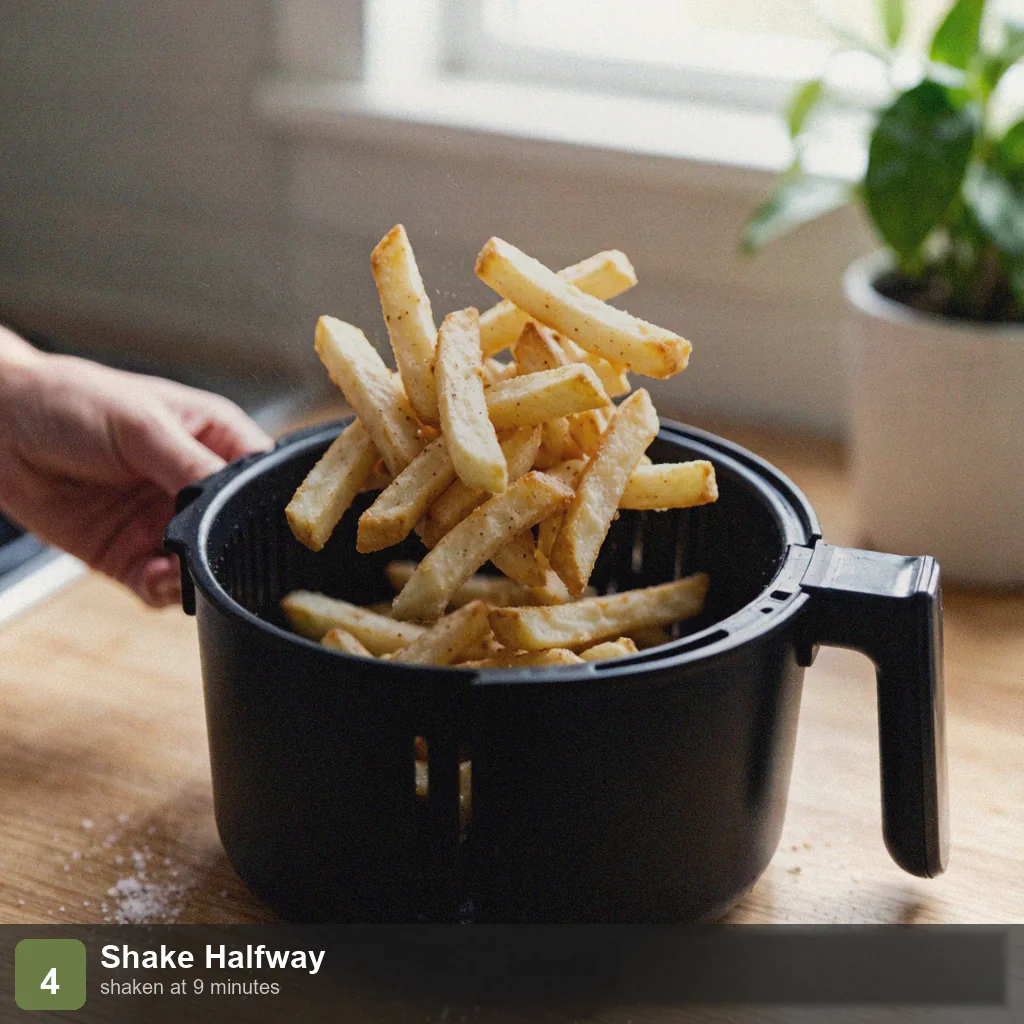Air fryer low sodium fries step 4: shaken at 9 minutes for even crisping