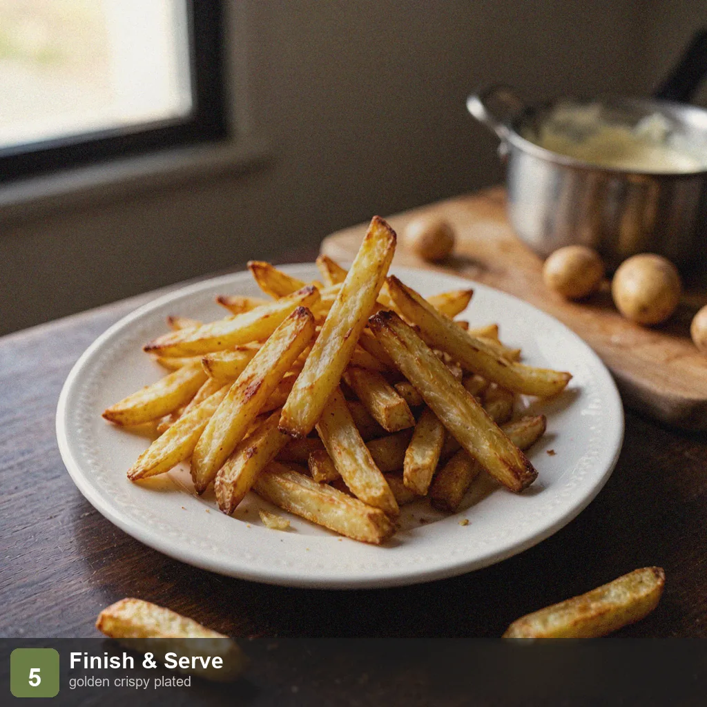 Air fryer low sodium fries step 5: golden crispy fries plated, no salt added