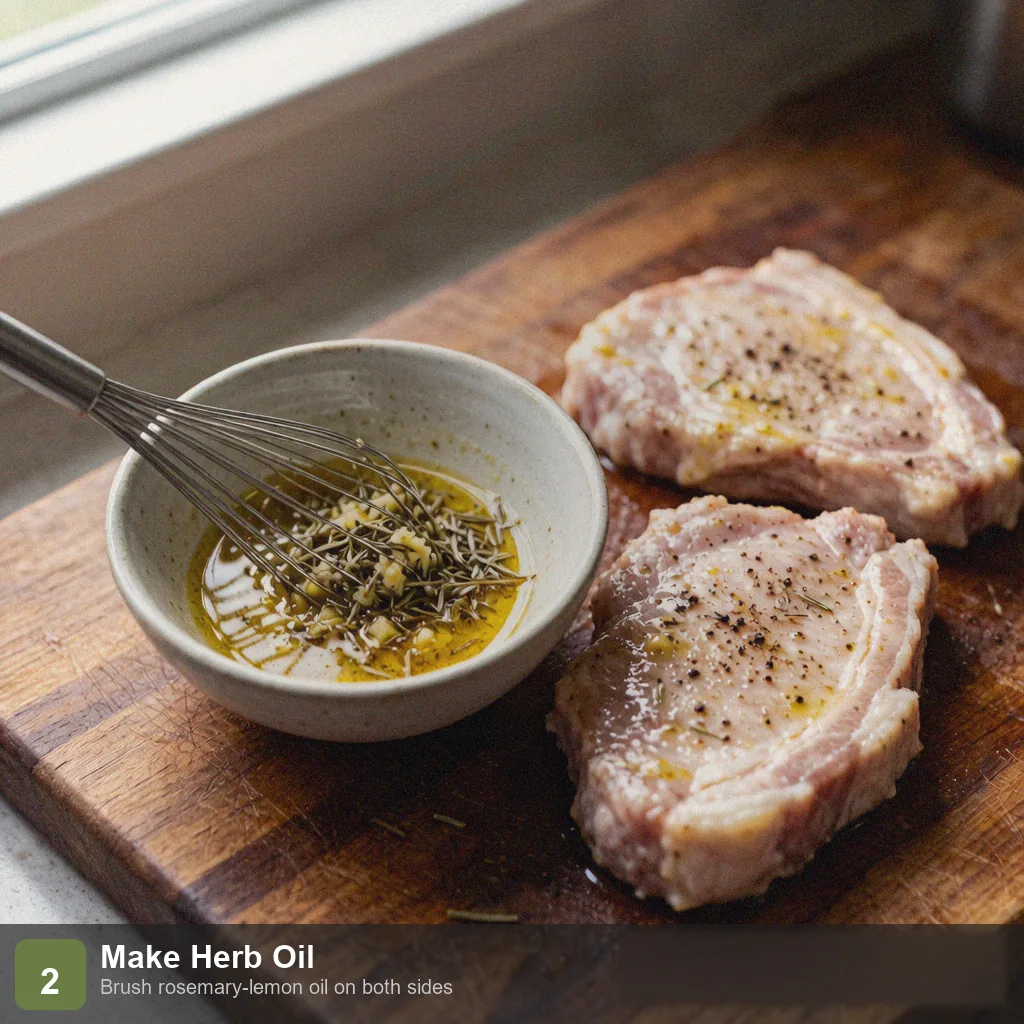 Air fryer low sodium pork chops step 2: brushed with herb olive oil