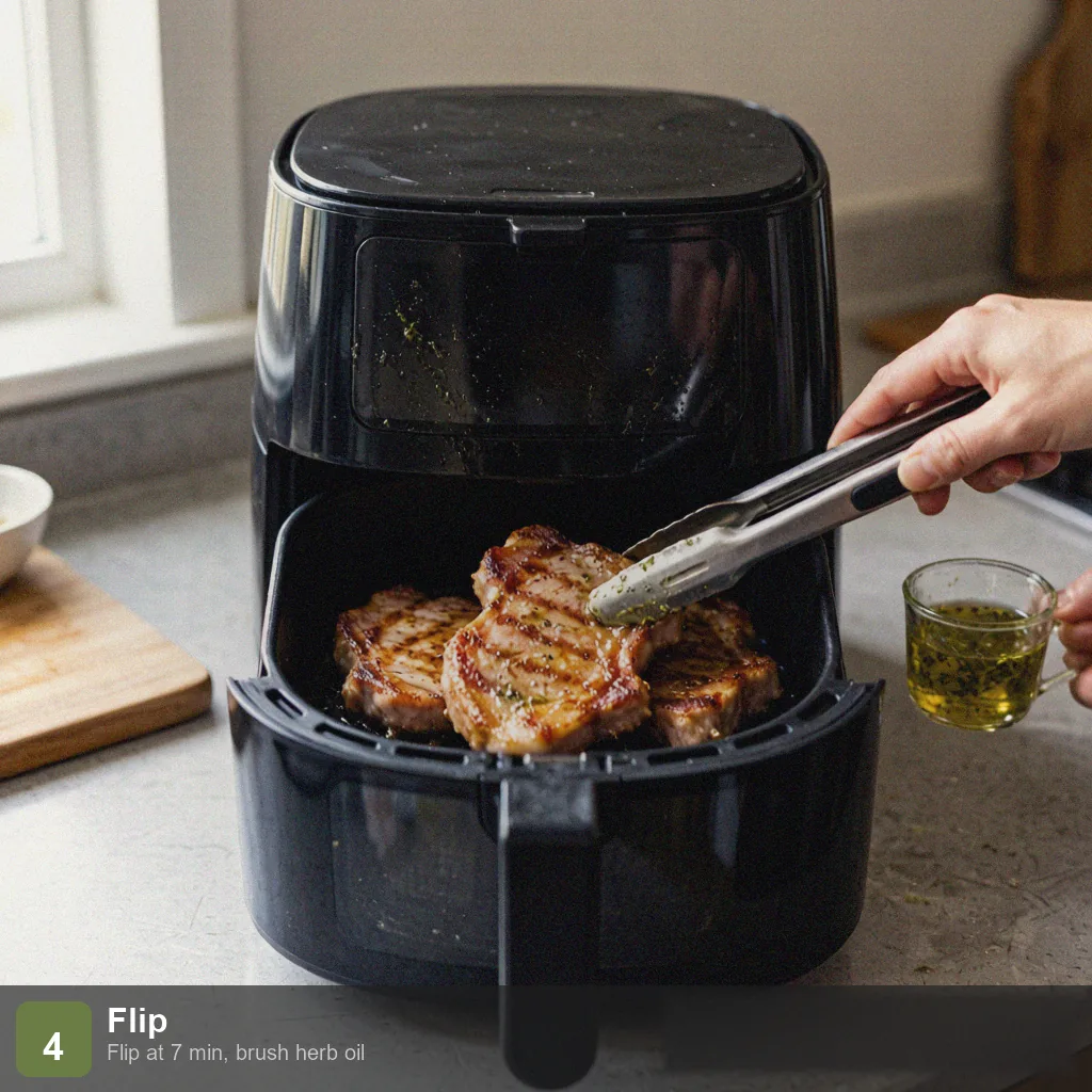 Air fryer low sodium pork chops step 4: flipped at 7 minutes, golden edges