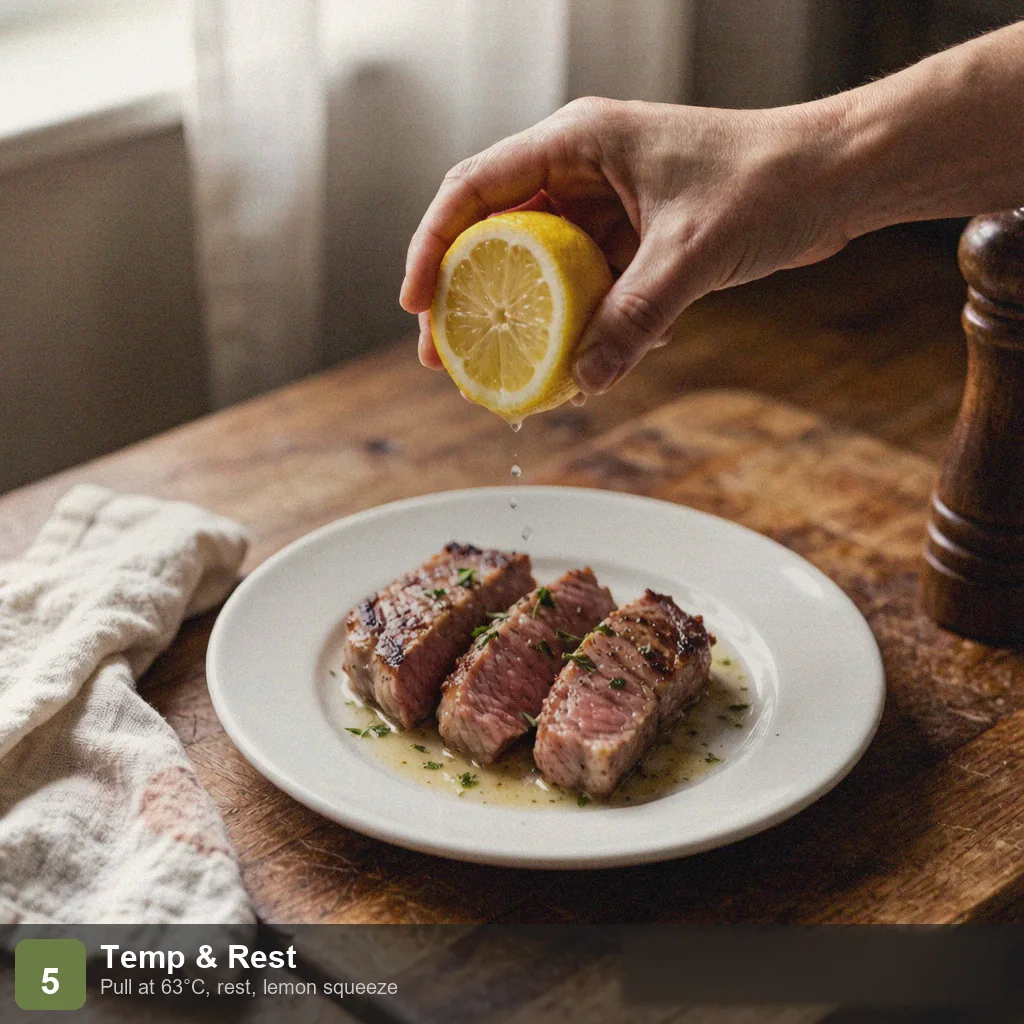 Air fryer low sodium pork chops step 5: rested, sliced, lemon juice, no salt
