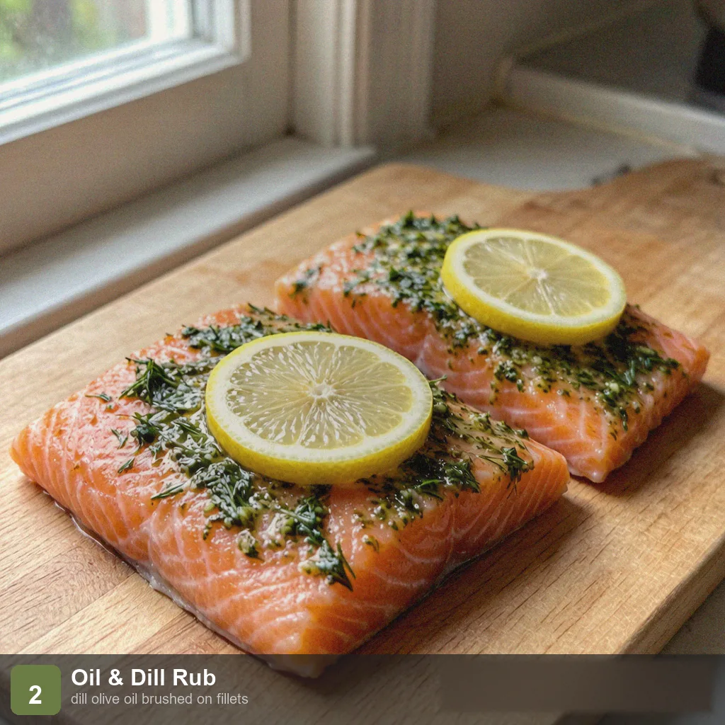Air fryer low sodium salmon step 2: fillets brushed with dill olive oil, lemon on top