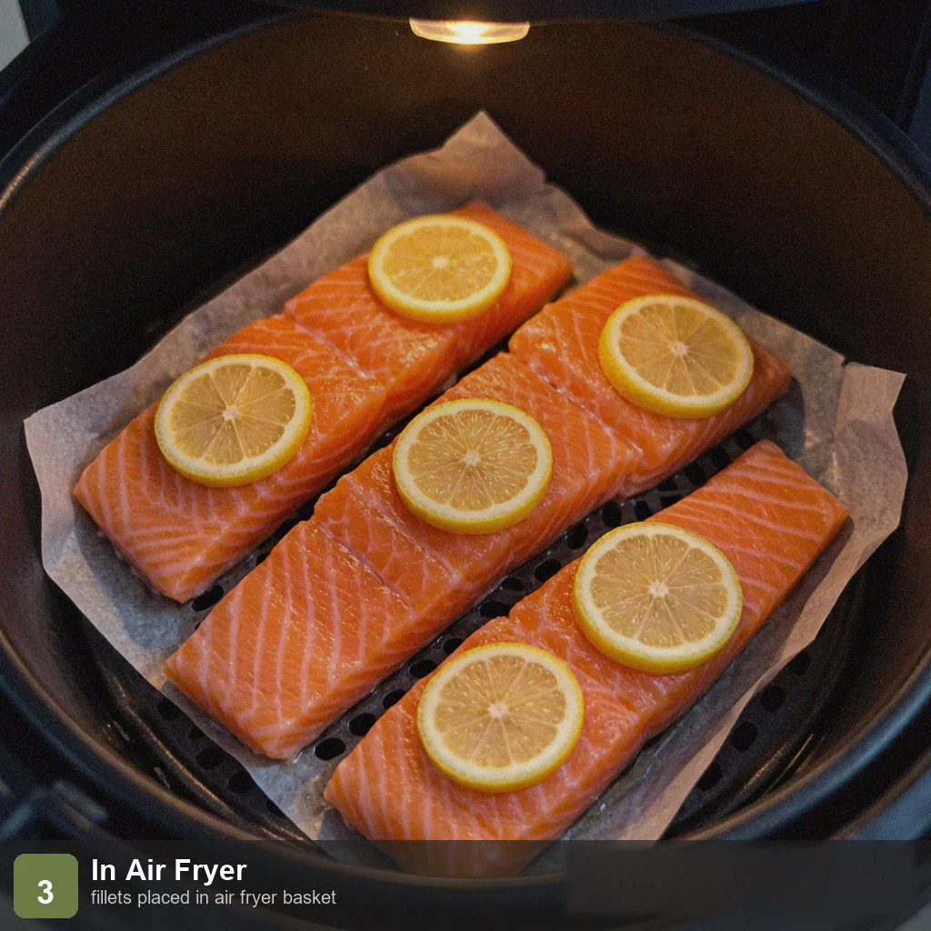 Air fryer low sodium salmon step 3: fillets in air fryer, lemon slices, not overlapping